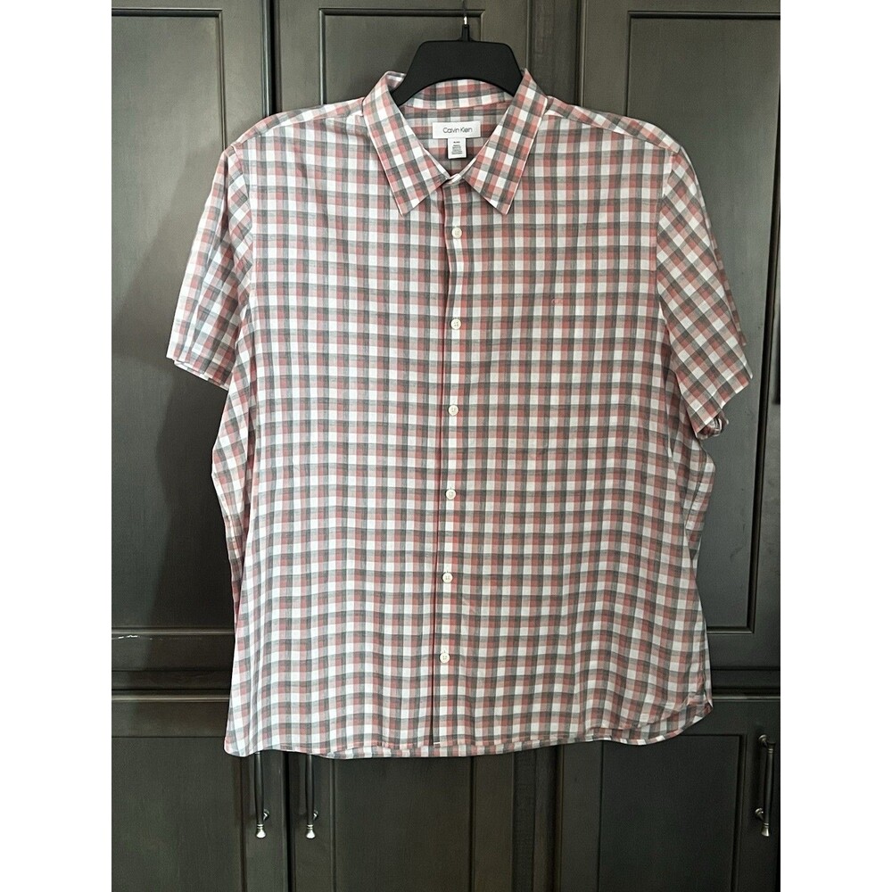 Calvin Klein Shirt Pink White Plaid Casual Button Up Short Sleeve Mens XL